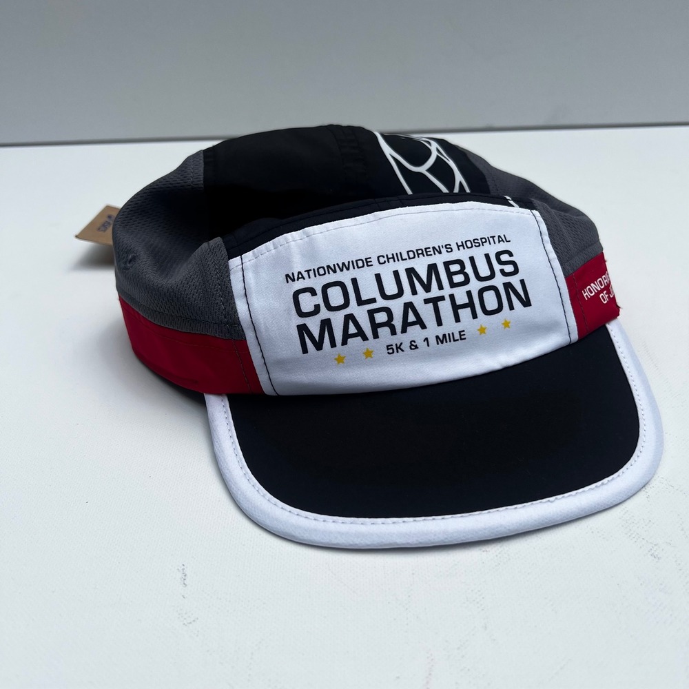 Asics Columbus Marathon 5 Panel Cap Jesse Owens Running Hat Black Red 3013B201
